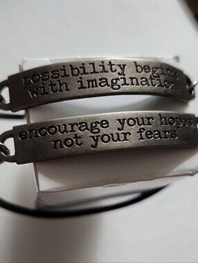 Set Of 2 Inspirational Engraved Metal Silver Bar Bracelets - Silver Tone